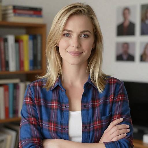 Smiling Blonde in Plaid Shirt
