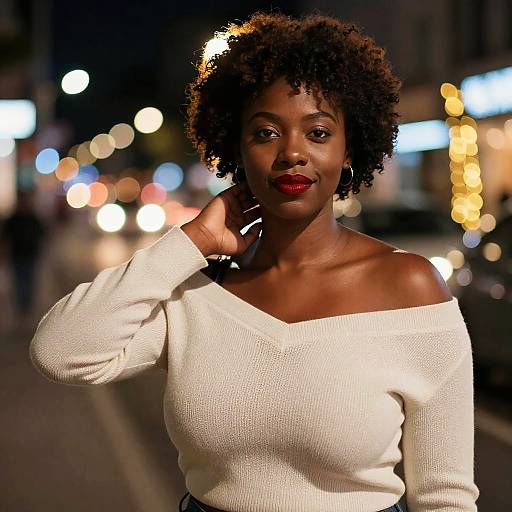 Photograph of a beautiful, dark-skinned woman with curly hair, wearing a white off-shoulder sweater, standing on a nighttime city street with