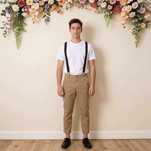 Photograph of a young man with short dark hair, wearing a white t-shirt, beige pants, black suspenders, and black shoes, standing in