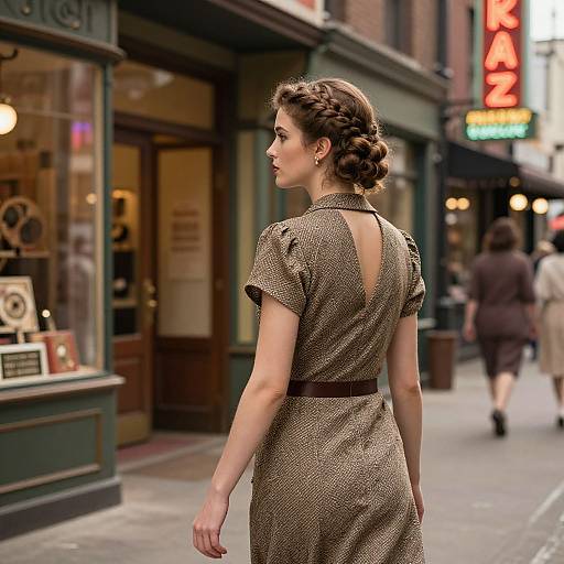 Photograph of a 1940s-style woman with curled brown hair in a polka-dotted dress with a back cutout, walking on a