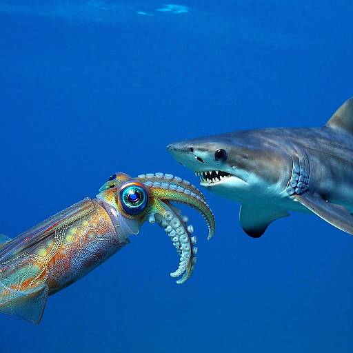 Squid and Shark Underwater Confrontation