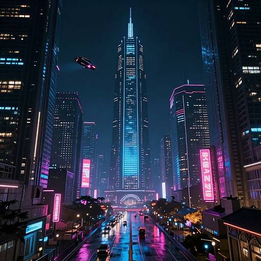 Neon-lit, futuristic cityscape photograph of a towering blue-lit skyscraper flanked by glowing pink and purple signs, with a flying car