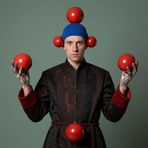 Photograph of a serious man in a black, patterned robe, blue cap, holding three red balls, with one on his head.