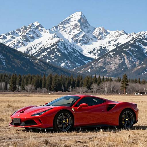 Red Sports Car in Scenic Mountain Field