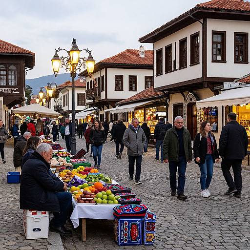 Historic Bosnian Market Square with Vendors and Locals