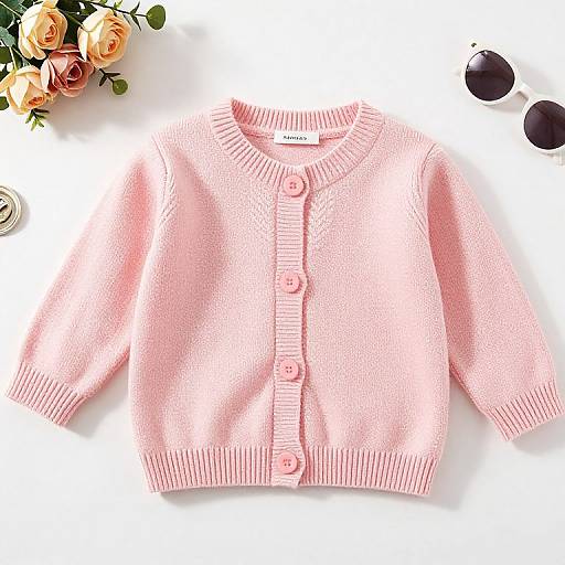 Photograph of a soft, pink, knitted cardigan with buttons, surrounded by pink roses, dark sunglasses, and a silver bracelet on white.