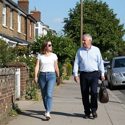 Photograph of a young woman with brown hair and sunglasses, wearing a white t-shirt and blue jeans, walking with an older man in a light blue