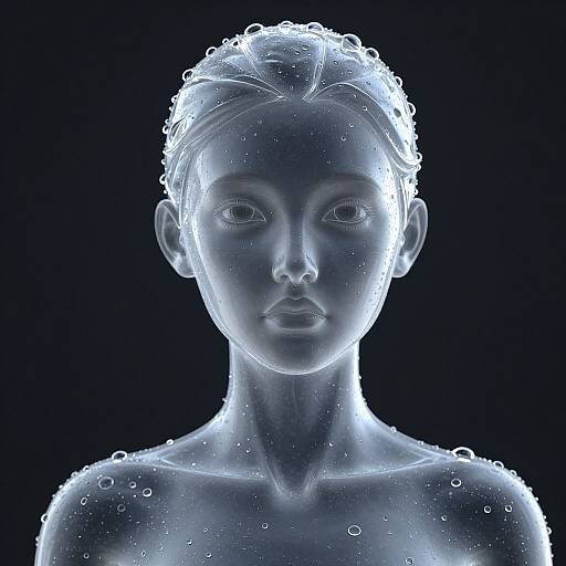 Digital CGI image of a glowing, translucent woman with wet hair and water droplets, illuminated against a dark blue background.