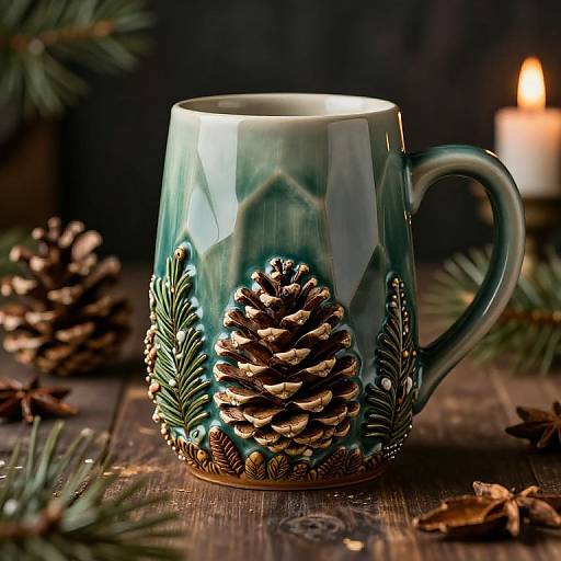 Photograph of a teal ceramic mug with gold pinecone and leaf patterns, lit by a small candle, surrounded by pine branches and pinecones on