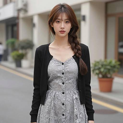 Young woman in silver lace dress and black cardigan