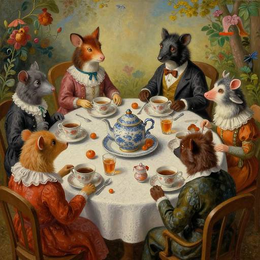 Illustration of five anthropomorphic mice in Victorian attire, seated at a table with teacups, a blue teapot, and oranges, in a