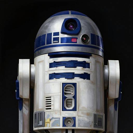Photograph of R2-D2, the silver and blue droid from Star Wars, with detailed metal textures and lights, against a black background.