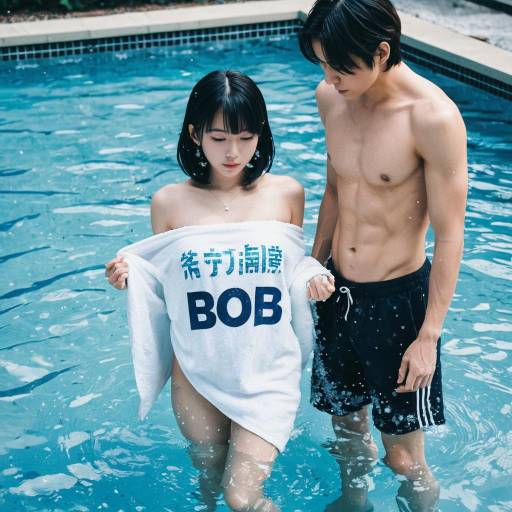 Young Couple in Pool with Woman Wearing BOB Towel