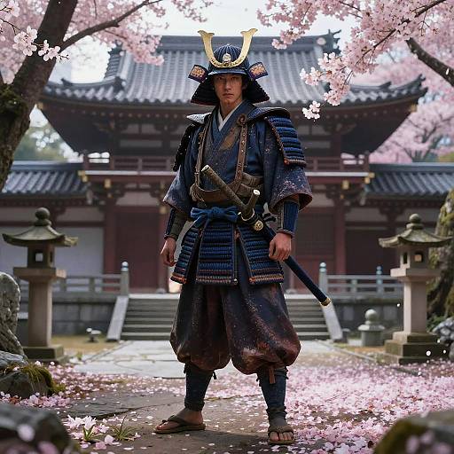 Time-Worn Samurai in Cherry Blossom Dawn
