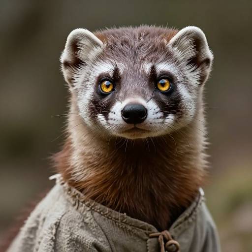 Photorealistic digital artwork of a raccoon with striking yellow eyes, wearing a grey, textured cloak, set against a blurred forest background.
