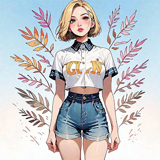 Stylish Blonde Woman in Crop Top and Denim Shorts