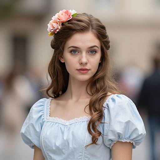 Photograph of a young woman with fair skin, blue eyes, and wavy brown hair adorned with a pink flower. She wears a light blue,