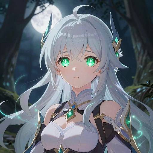 Digital anime-style portrait of a silver-haired, green-eyed girl with glowing accessories, wearing a white and black armored top, standing in a dark, moon