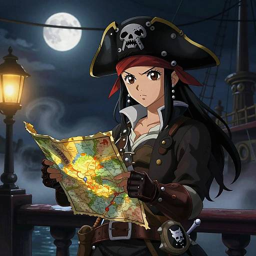 Mysterious Pirate Girl on Moonlit Ship