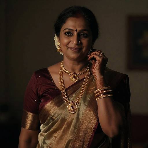 South Asian Woman in Silk Sari with Gold Jewelry