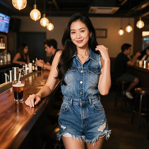 Photograph of an Asian woman with long black hair, wearing a distressed denim sleeveless romper, smiling at a bar, with soft hanging lights and