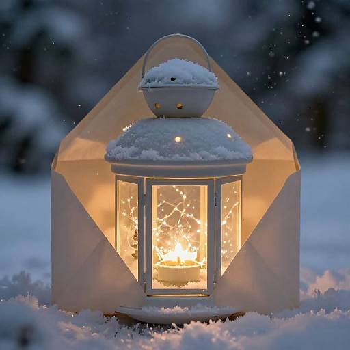 Photograph of a snow-covered, illuminated lantern with warm yellow lights, set in a snowy, nighttime forest, glowing against a dark, blurred background.