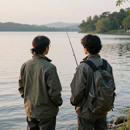 Photograph of two Asian men, back to camera, fishing by a calm lake at sunset, wearing green jackets, one with a backpack.