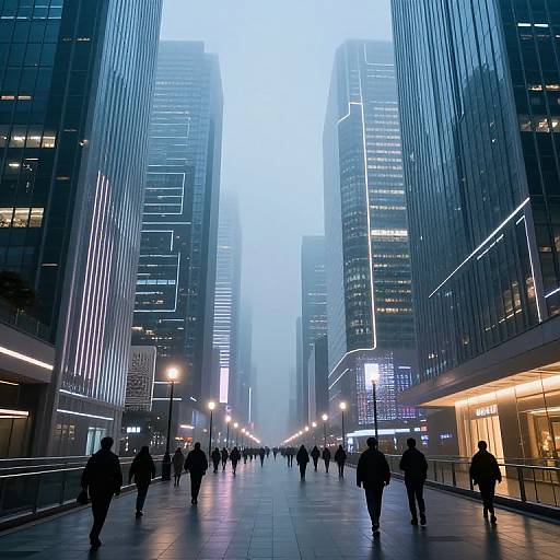 Photograph of a misty urban street lined with tall, illuminated skyscrapers; silhouetted people walk along the wet, reflective pavement.