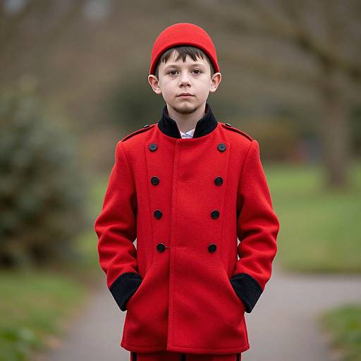 Photograph of a young boy with fair skin, black hair, and serious expression, wearing a bright red coat and matching hat, standing in a blurred