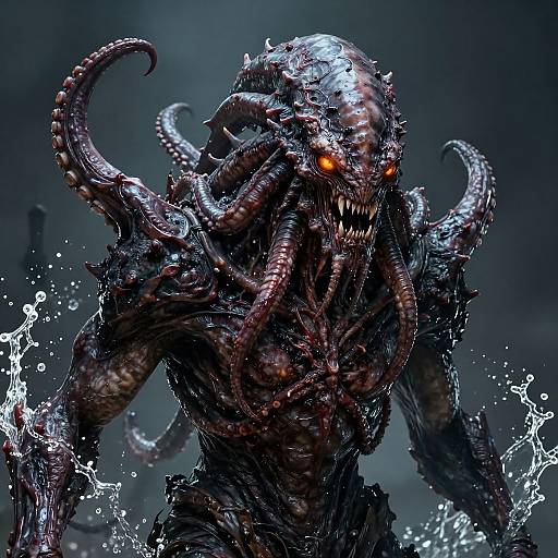 CGI digital artwork of a monstrous, tentacled creature with glowing orange eyes, sharp teeth, dark, wet, textured skin, and multiple twisted