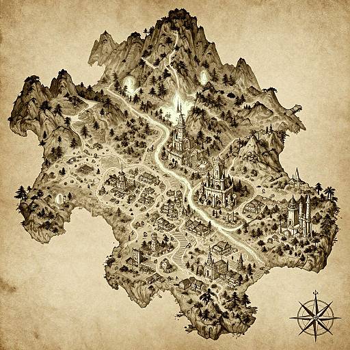Sepia-toned, intricate, black ink drawing of a mountainous island with winding roads, scattered trees, and tiny buildings, featuring a compass in