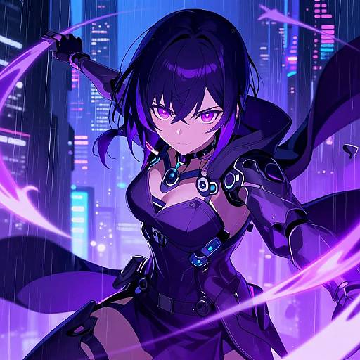 Digital anime-style drawing of a fierce, purple-eyed, black-haired woman in a cyberpunk city at night, wielding glowing purple energy blades, wearing a