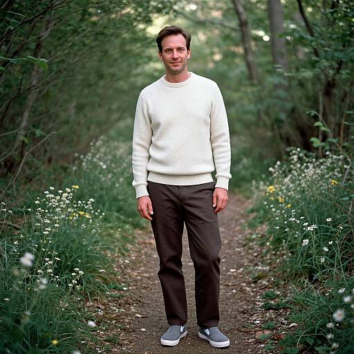 Photograph of a middle-aged man with short brown hair, wearing a white sweater, dark brown pants, and gray shoes, standing on a forest path