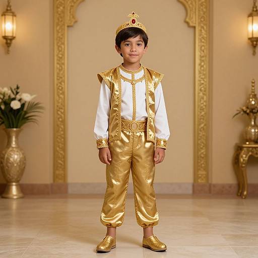 Photograph of a young boy in ornate gold and white royal attire, including a crown, standing in an opulent, warmly lit room.