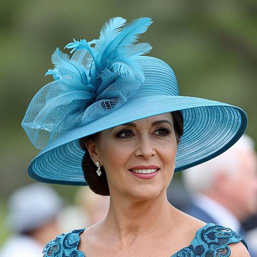 Photograph of a smiling middle-aged woman with light skin, wearing a blue feathered hat, matching lace dress, and diamond earrings, against a blurred