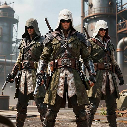 Three armored warriors in camouflage hooded coats and helmets, holding guns, stand in a post-apocalyptic industrial setting with smoke and metal structures. Photoreal