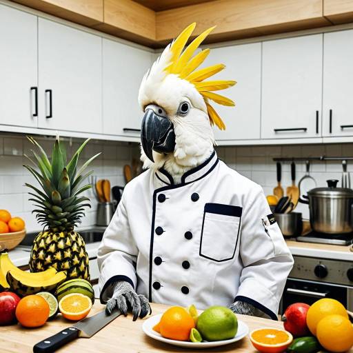 Cockatoo Chef Preparing Fruit in Kitchen