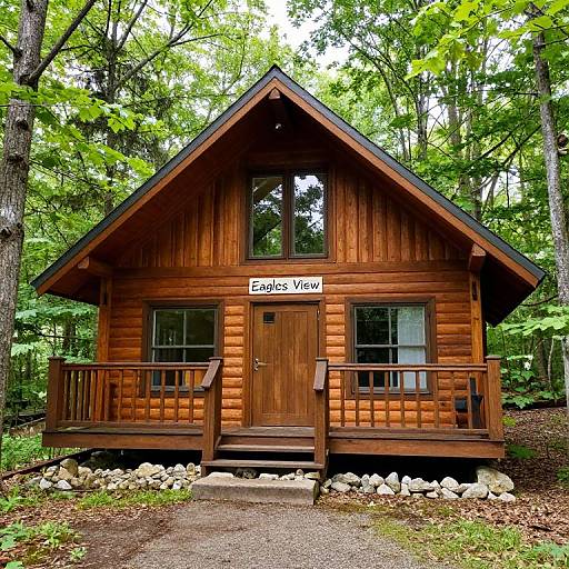 Photograph of a rustic wooden log cabin with a 