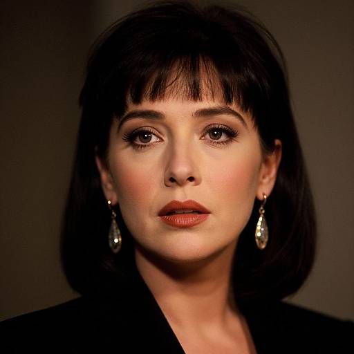 Photograph of a fair-skinned woman with short black hair, bangs, brown eyes, and red lipstick, wearing teardrop earrings, against