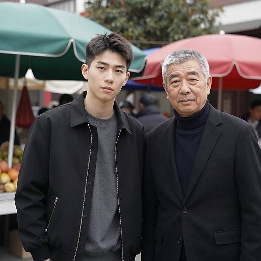 Photograph of a young Asian man with short black hair in a black jacket and gray shirt, standing next to an older Asian man with gray hair in