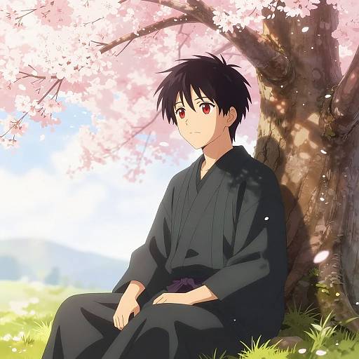Anime-style drawing of a young man with black hair and red eyes, wearing a black kimono, sitting against a cherry blossom tree.
