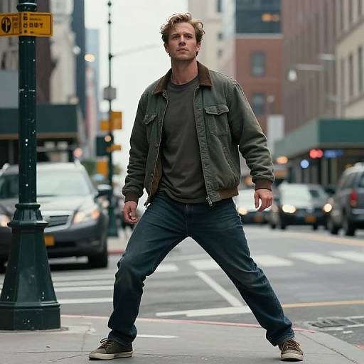 Photograph of a tall, handsome man with light brown hair, wearing a green jacket, dark shirt, and jeans, standing confidently in a busy urban