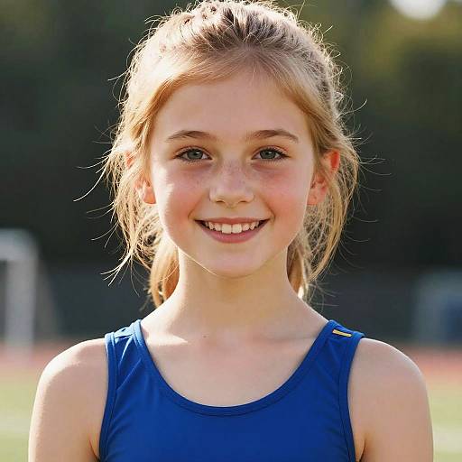 Photograph of a smiling young girl with light brown hair in a ponytail, wearing a blue tank top, against a blurred outdoor background. Sunlight