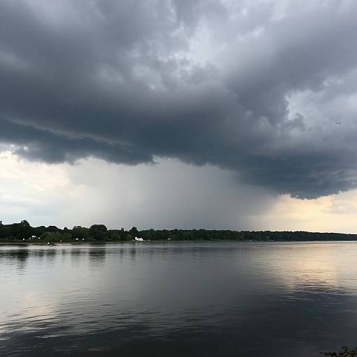 Photograph of a calm lake under a dramatic, cloudy sky with dark, heavy clouds and a bright, glowing horizon. Silhouetted tree line