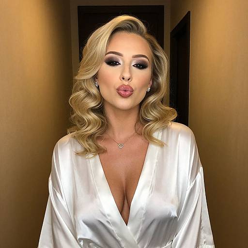Photograph of a blonde woman with wavy hair, wearing a white silk robe, pouting her lips, with a warm hallway background.