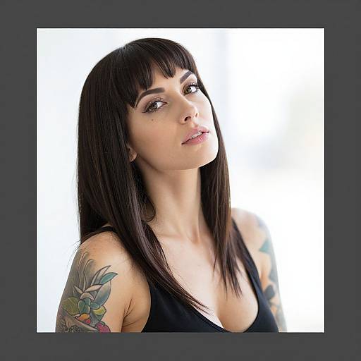 Photograph of a fair-skinned woman with straight black hair, bangs, and a colorful floral tattoo on her right arm, wearing a black tank