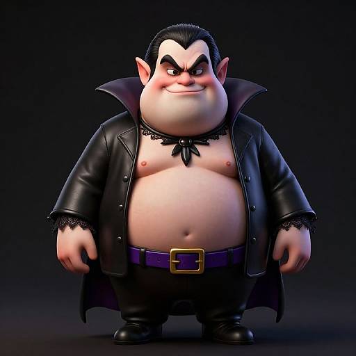 CGI cartoon of a chubby, smiling vampire with pale skin, black hair, pointed ears, black leather coat, lace choker, and belt.