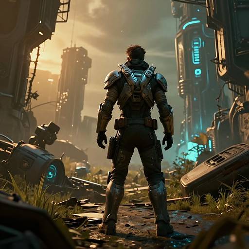 Digital sci-fi artwork of a muscular, armored figure with a backpack, standing in a ruined futuristic city at sunset.