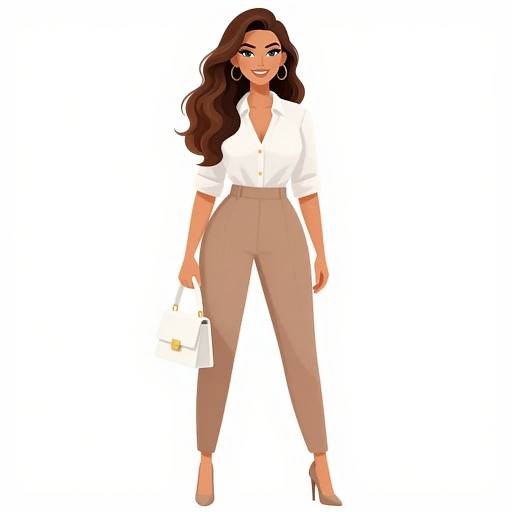 Digital illustration of a confident woman with long brown hair, wearing a white blouse, beige high-waisted pants, and beige heels, holding a white
