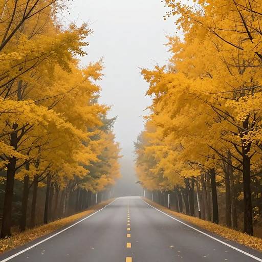 Photograph of a straight, empty road flanked by tall trees with vibrant yellow-orange autumn leaves, fading into a misty horizon.